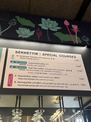 Vegan main courses, clearly labeled.   at Menam in Selfoss