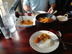 Table: We got a dish each, but they set the food in the middle and each person has a plate, so it's easy to share. Nice since pricey at Gurkhas in Longmont