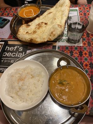 Curry with naan and rice  at Indo kitchen in Yamanashi
