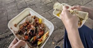 Vegan tacos and burritos at Tacos Los Peches in Flores