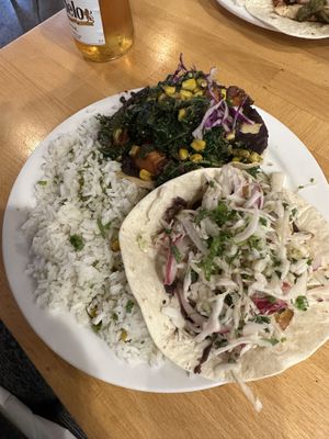 Taco and tostada plate. Double rice  at Taco Ocho in Richardson