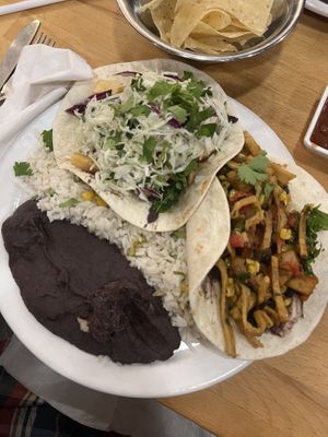 Taco plate (get to pick 2 tacos and there are at least 6 vegan options)  at Taco Ocho in Richardson