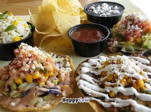 Vegetarian Tostada Platter at Taco Ocho. They offer 8 different tostadas and all of them can be made vegan as well. at Taco Ocho in Richardson