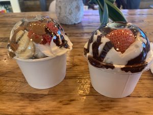 Sundae on the left and brownie on the right   at Aubergine Kitchen in American Fork