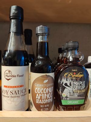 soy sauce, coconut seasoning and maple syrup at Humble Seeds in Central Singapore
