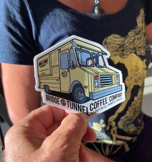 They gave us a free sticker!  at Bridge & Tunnel Coffee - Cafe & Roastery in Asheville
