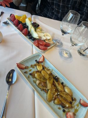 Flambéed banana and fruit platter   at Puerto Cristal in Buenos Aires