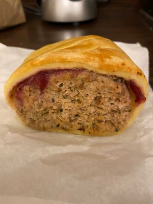 Home made sausage roll, with stuffing and cranberry sauce. It was amazing 🤩  at The Good Apple Cafe in Sunderland