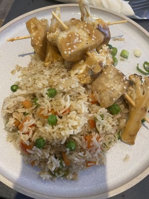 Tofu and cauliflower satay skewers with fried rice   at The Good Apple Cafe in Sunderland