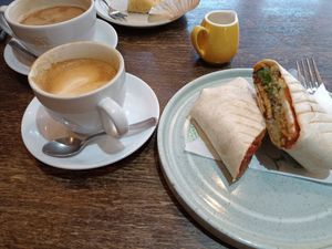 Oat flat white and an amazing burrito at The Good Apple Cafe in Sunderland