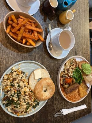 Breakfast plate, sweet potato fries, bagel & scrambled tofu at The Good Apple Cafe in Sunderland