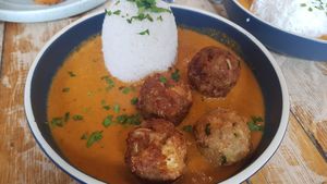 Malai Kofta, with creamy cashew curry sauce and basmati rice at The Good Apple Cafe in Sunderland