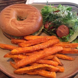 tomato & avocado bagel with sweet potato fries and salad at The Good Apple Cafe in Sunderland