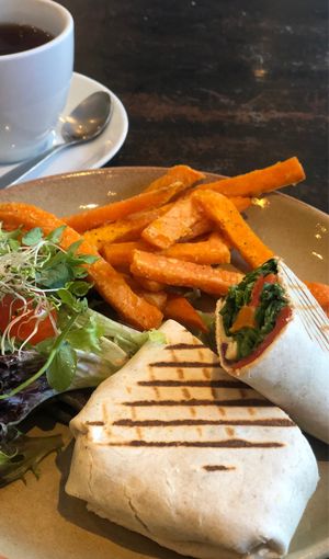 Roast veg and hummus wrap with sweet potato fries at The Good Apple Cafe in Sunderland