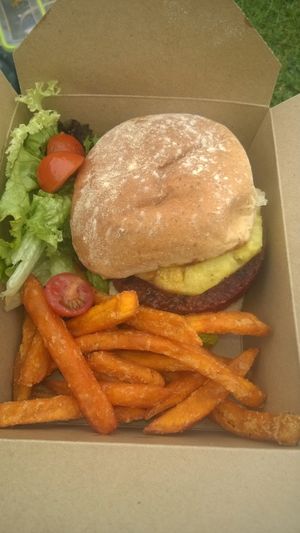 Hawaiian beetroot burger with grilled pineapple, bbq sauce and sweet potato fries at The Good Apple Cafe in Sunderland