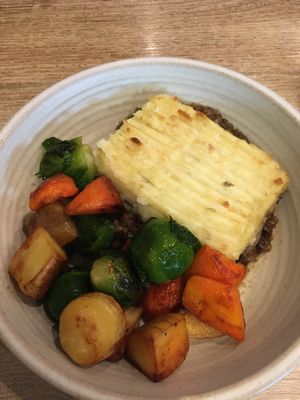 Lentil and haggis shepherds pie with roasted veg.  at The Good Apple Cafe in Sunderland