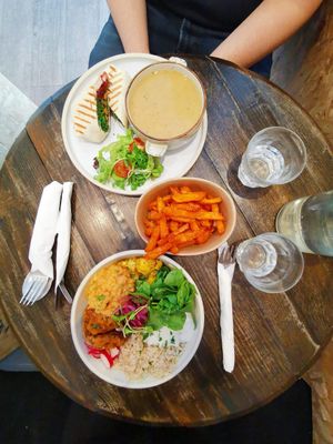 The soup and wrap deal + sweet potato fries + Asian Buddha bowl 😍 at The Good Apple Cafe in Sunderland