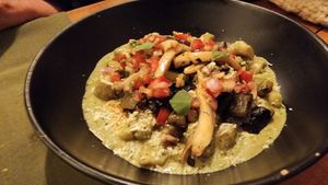 gnocchi with peanut butter and basil with mushrooms. fabulous! at Tierra Restaurante  in Sucre