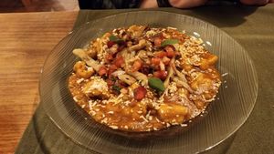 gnocchi in smoked lentil bolognese sauce. yummy! at Tierra Restaurante  in Sucre