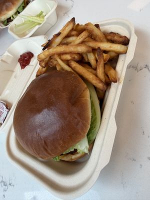 Burger and friess  at RĀW Superfood Café in Sacramento