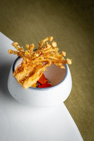Enoki Fritter with Miso Emulsion at MIA Bangkok in Bangkok