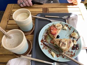 Dazu Kaffee mit veganer Milch   at Anguilla Surf Café in Melides