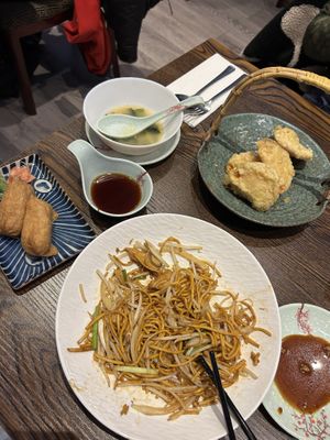 Inari Sushi, Plant Based Chicken Chow Mein, Sweet Potato Tempura   at Hikari  in Chepstow