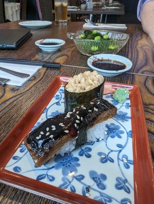 Eel and natto nigiri at Hikari  in Chepstow