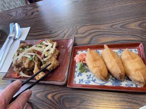 Salt and pepper, oyster mushrooms, and inari   at Hikari  in Chepstow