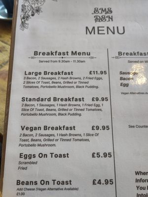 Menu at Em's Den in Hunstanton