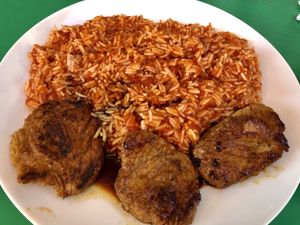 Basmati rice with tomato sauce and soya steak  at Vege Fast Food in Split