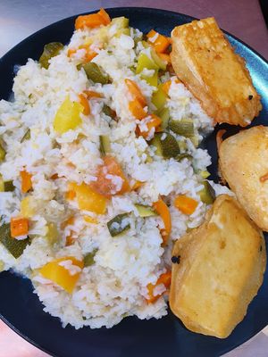 Number 9: risotto rice with vegetables and breadcrumbed tofu (55 kn) at Vege Fast Food in Split