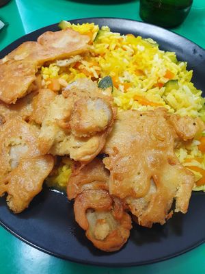 Number 6: breadcrumbed oyster mushrooms and rice with vegetables at Vege Fast Food in Split