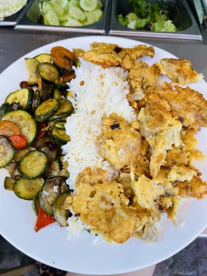 Rice veggies and chickpea battered oyster mushrooms at Vege Fast Food in Split