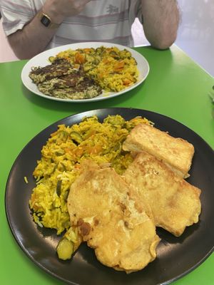 Courgette fritters with rice & fried tofu with rice   at Vege Fast Food in Split