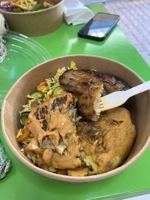 Fried mushrooms and seitan with fried rice. Seitan was my fave  at Vege Fast Food in Split