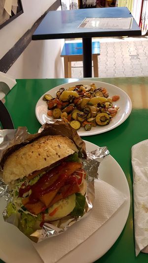 Seitan sandwich and grilled vegetables at Vege Fast Food in Split