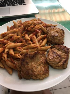 Pasta with tomato sauce and soya chunks at Vege Fast Food in Split