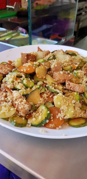 Quinoa with grilled veggies and soya steak chunks at Vege Fast Food in Split