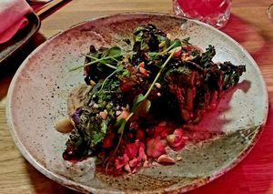 Sweet Chestnut Creme with Chili Flower Sprouts and Hazelnuts at Unterfreunden in Luebeck