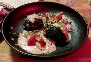 Spinach Dumplings with Mushroom Cream and Tomatoes at Unterfreunden in Luebeck