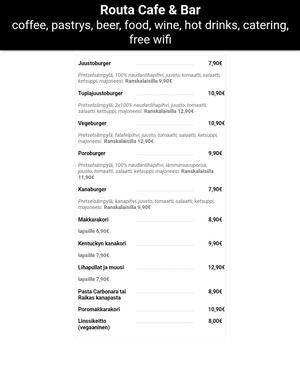 Menu at Cafe & Bar Routa Oy in Aekaeslompolo