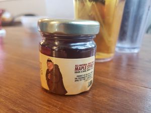Cute little jar of maple syrup at Brother Junipers in Memphis