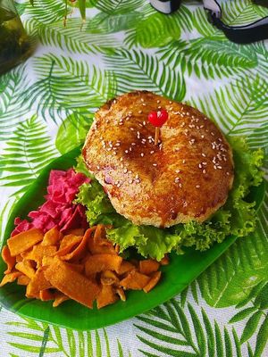 Vegan burger (390rs) at Karma Kitchen in Siolim