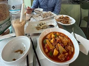 Sushi, dumplings, chinese pancake and vegan meat and vegetables sweet and sour dish. at Tian Jie in Nazare