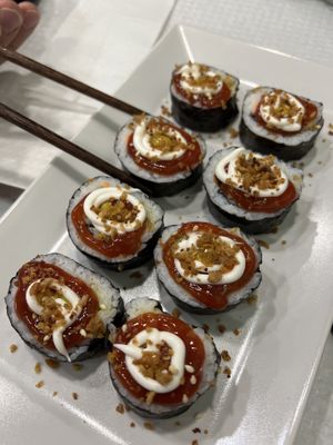 I call this the hot dog sushi 😂  at Tian Jie in Nazare