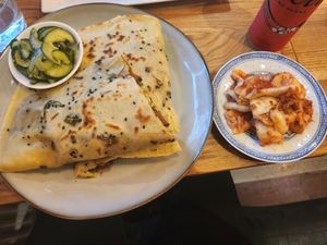 Jiang bang with tofu and mushrooms. Kimchi on the side. at Lao Lao - Barnhusgatan in Stockholm