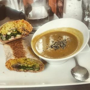 Tex mex wrap with butternut squash soup  at enVie A Vegan Kitchen in Halifax