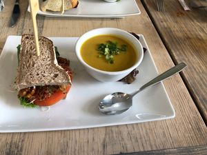 BLATS sandwich - so delicious!! With cream of broccoli soup!  at enVie A Vegan Kitchen in Halifax