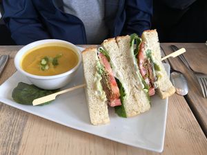 B.L.A.T.S. Sandwich (regular bread) with Broccoli soup - the seiten bacon is so good! at enVie A Vegan Kitchen in Halifax